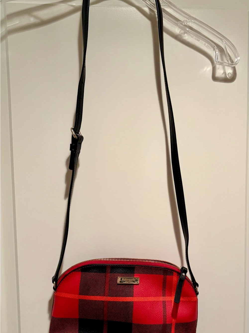 kate spade Red and Black Plaid Crossbody Bag with Black Strap